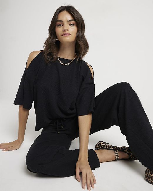 River Island Textured Cold Shoulder T Shirt in Black Lyst
