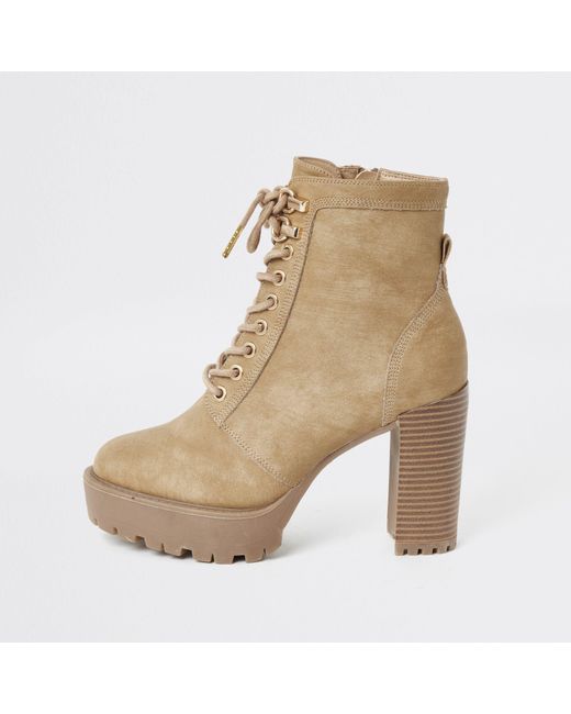 River Island Natural Lace-up Chunky High Heel Hiker Boots