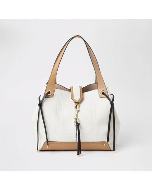 River Island Natural Cream And Tan Clip Front Slouch Bag