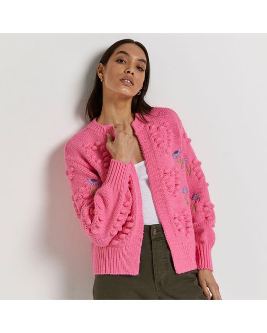 River Island Pink Embroidered Chunky Knit Cardigan