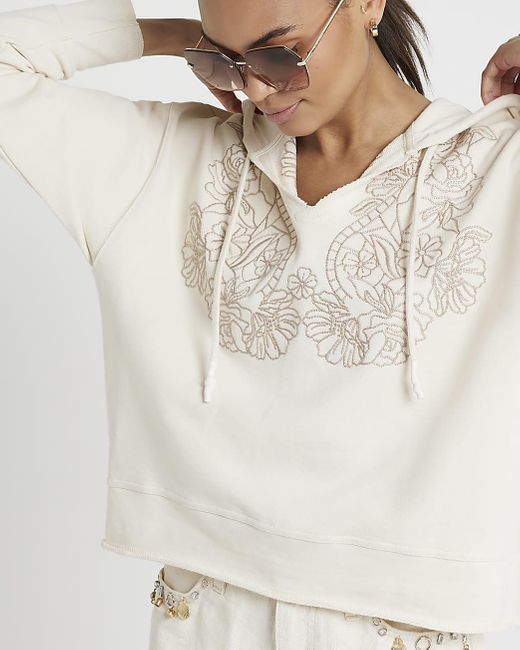 River Island White Cream Embroidered Flower Hoodie