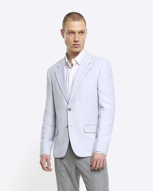 River Island White Blue Slim Fit Linen Blend Suit Jacket for men