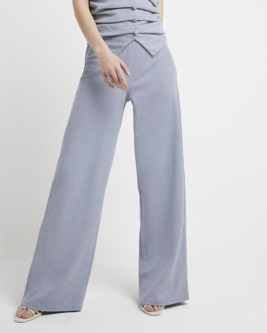 River Island Blue Textured Wide Leg Trousers