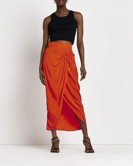 River Island Orange Wrap Midi Skirt Lyst Canada
