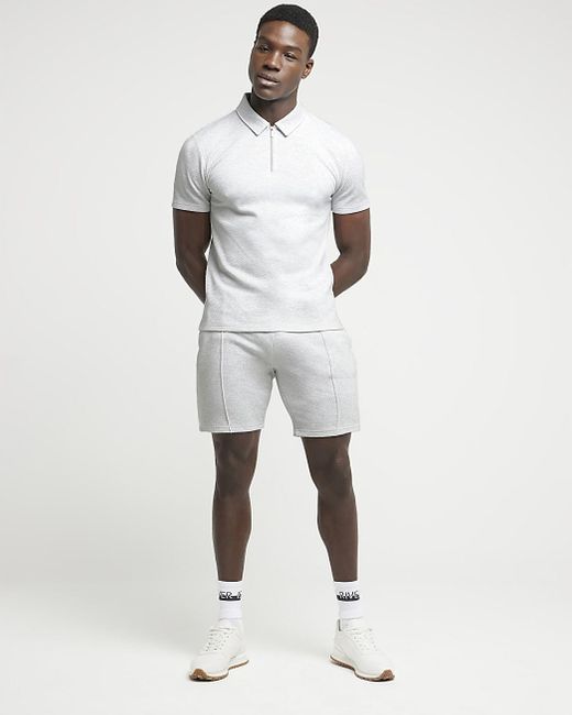 River Island White Grey Slim Fit Textured Shorts for men
