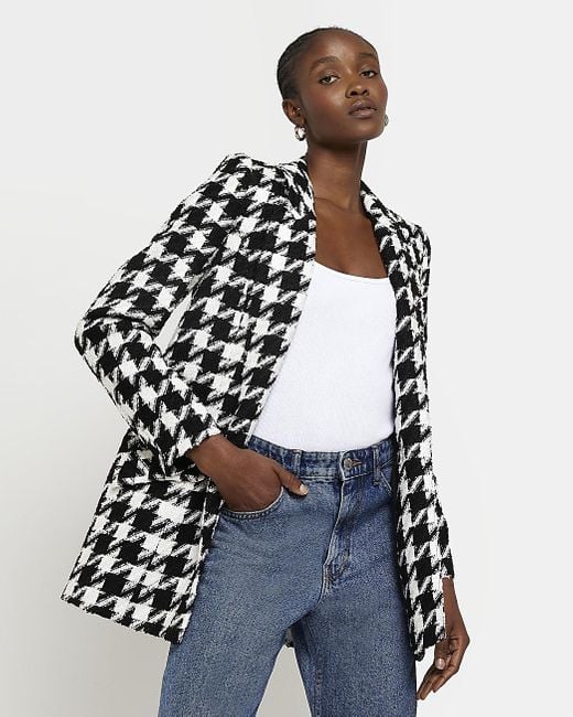 River Island Black Boucle Dogtooth Blazer in White Lyst