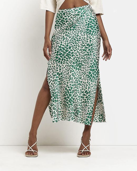 River Island Green Animal Print Satin Midi Skirt Lyst UK