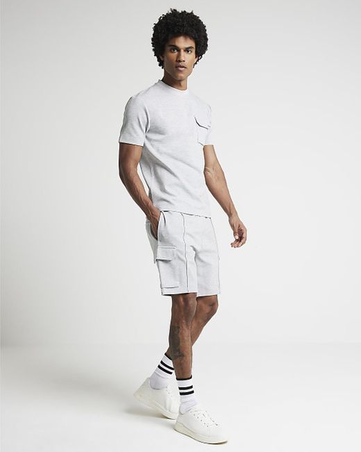 River Island White Grey Slim Fit Cargo Shorts for men