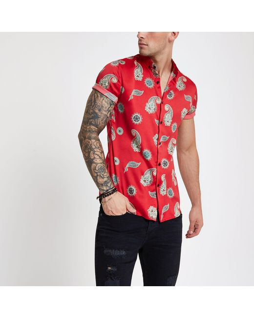 River Island Satin Paisley Slim Fit Short Sleeve Shirt in Red for Men |  Lyst UK