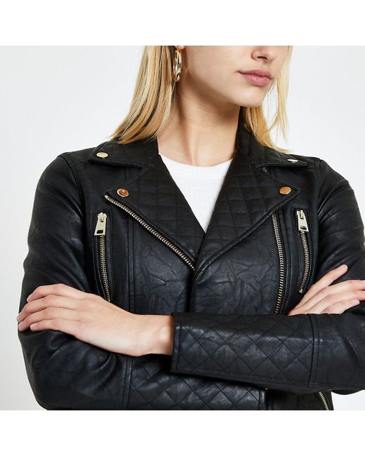 River Island Black Faux Leather Quilted Biker Jacket