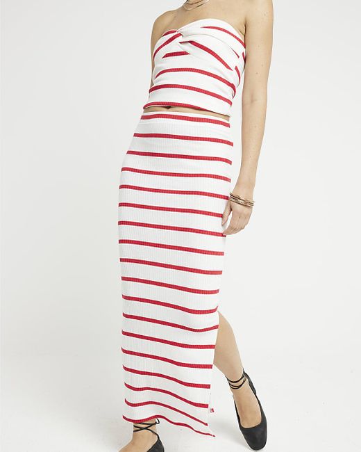 River Island White Red Ribbed Stripe Midi Skirt