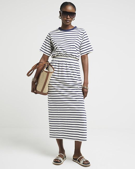 River Island White Stripe Shirred Waist T-shirt Midi Dress