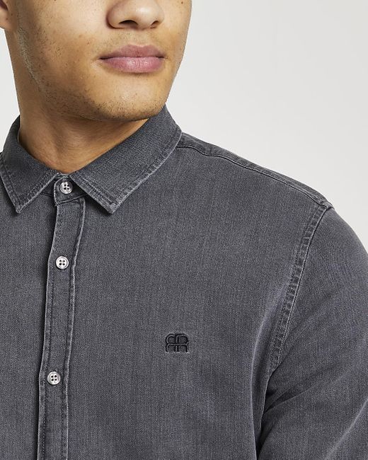 River Island Grey Rr Muscle Fit Long Sleeve Denim Shirt in Gray for Men |  Lyst