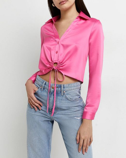 River Island Pink Satin Cropped Shirt 