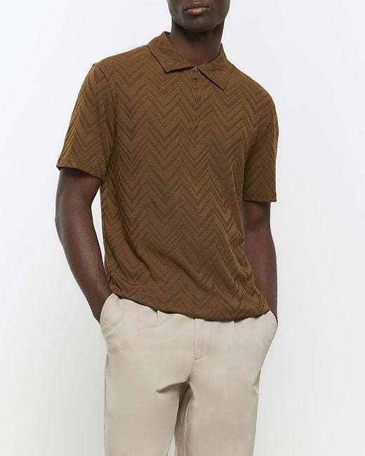 River Island Brown Textured Polo Shirt for men