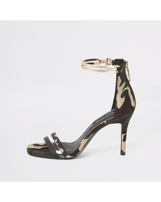 River Island Green Camo High Heel Gold Ankle Cuff Sandal