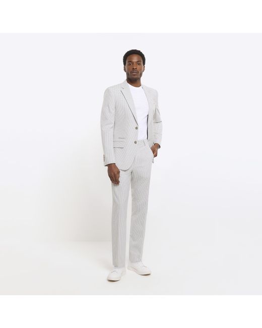 River Island White Grey Skinny Fit Gingham Suit Trousers for men