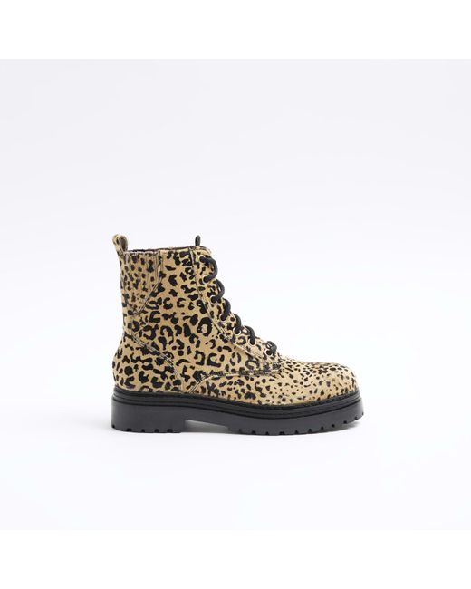 River Island White Brown Leather Animal Print Lace Up Boots