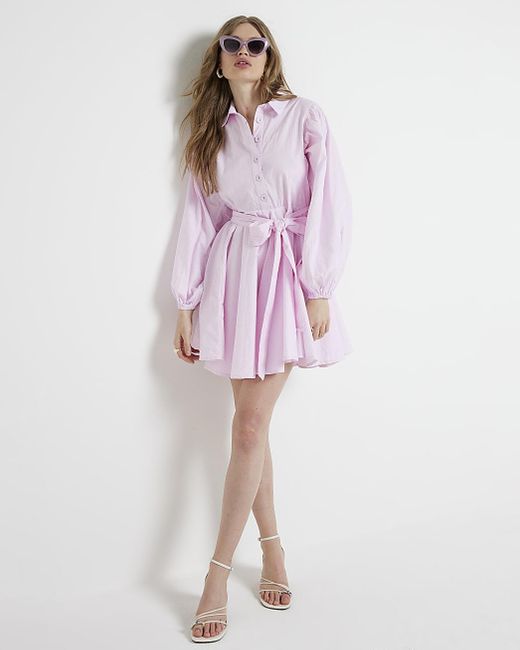 River Island Pink Stripe Belted Mini Shirt Dress