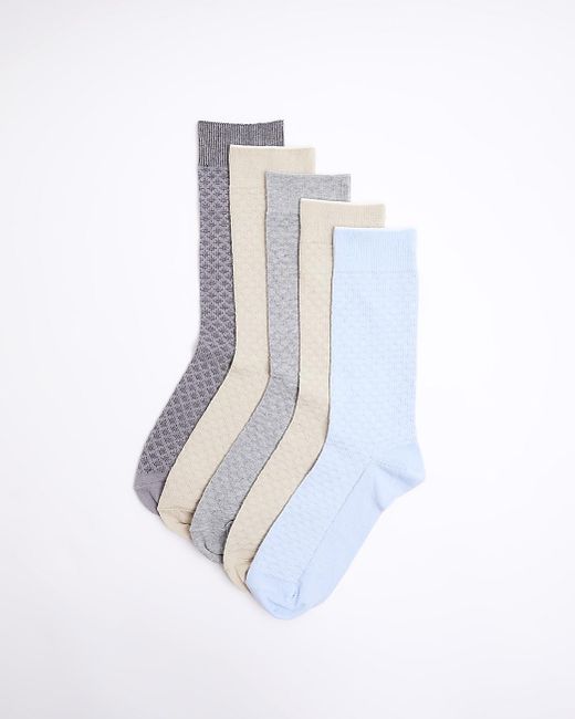 River Island White 5pk Blue Textured Ankle Socks for men