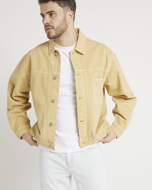 River Island White Yellow Oversized Fit Denim Jacket for men