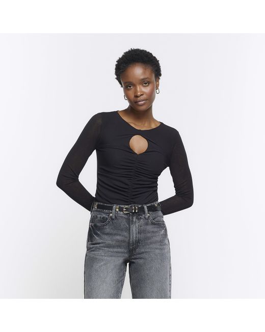 River Island Blue Black Ruched Cut Out Long Sleeve Top