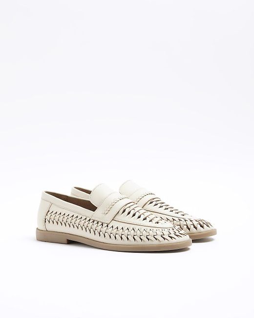 River Island Natural White Leather Woven Loafers for men
