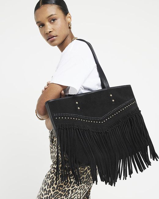 River Island Black Leather Studded Shopper Bag
