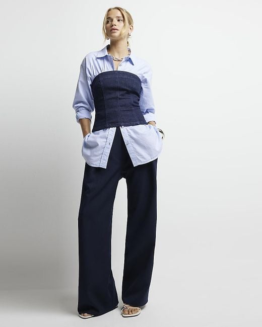 River Island Blue Navy High Waisted Wide Leg Trousers