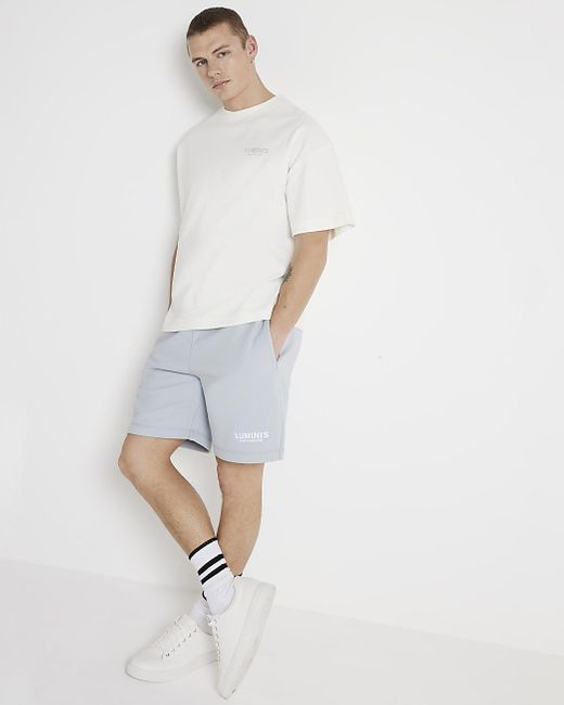 River Island White Blue Regular Fit Graphic Print Shorts for men