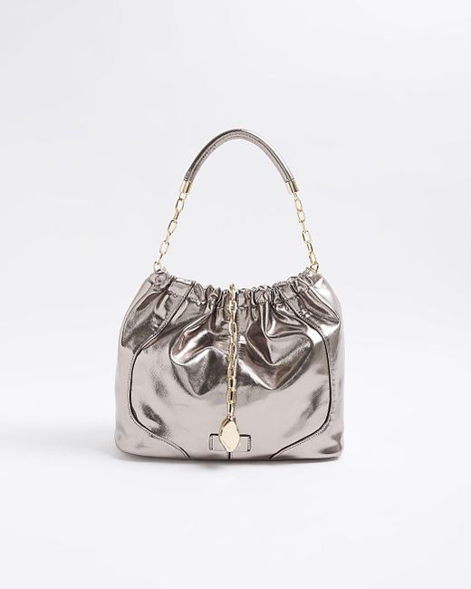 River Island White Silver Ruched Tote Bag