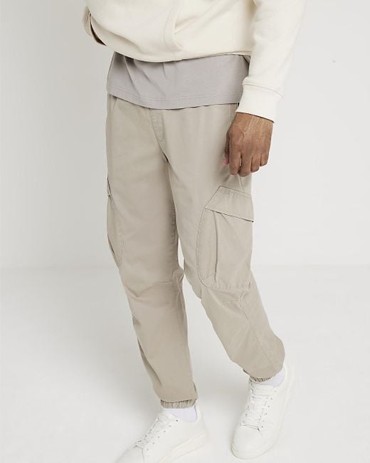 River Island Natural Beige Slim Fit Cuffed Cargo Trousers for men