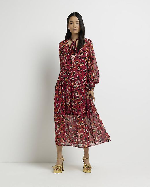 River Island Red Animal Print Long Sleeve Midi Dress Lyst