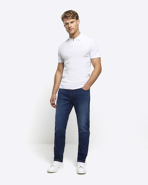River Island White Muscle Fit Knitted Half Zip Polo for men