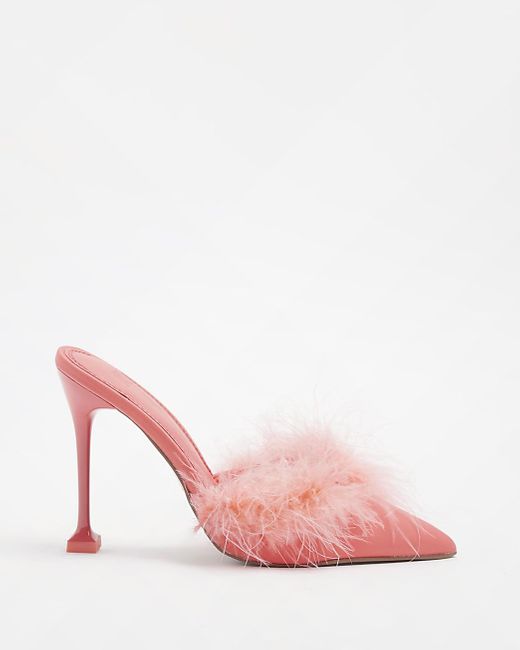 River Island Pink Feather Trim Heeled Court Shoes