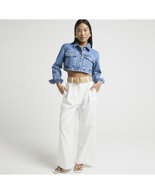 River Island Blue Petite White Belted Wide Leg Trousers