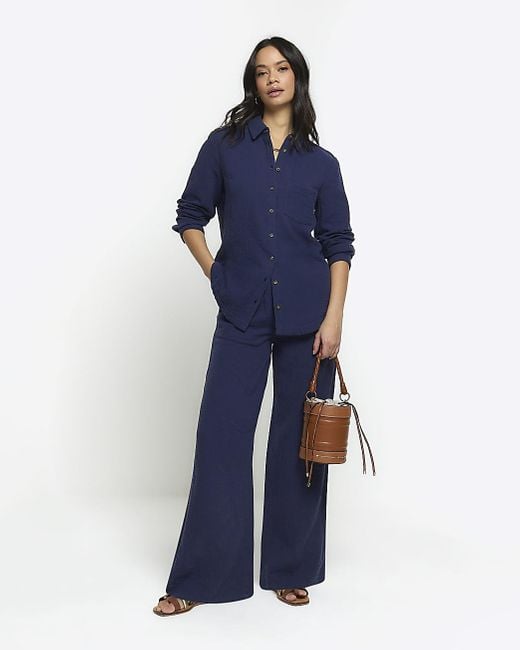 River Island Blue Navy Textured Wide Leg Trousers