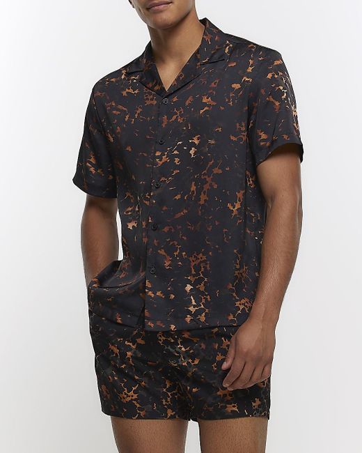 River Island Black Brown Leopard Print Revere Shirt for men