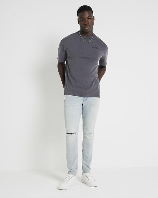 River Island Gray Blue Ripped Skinny Fit Jeans for men