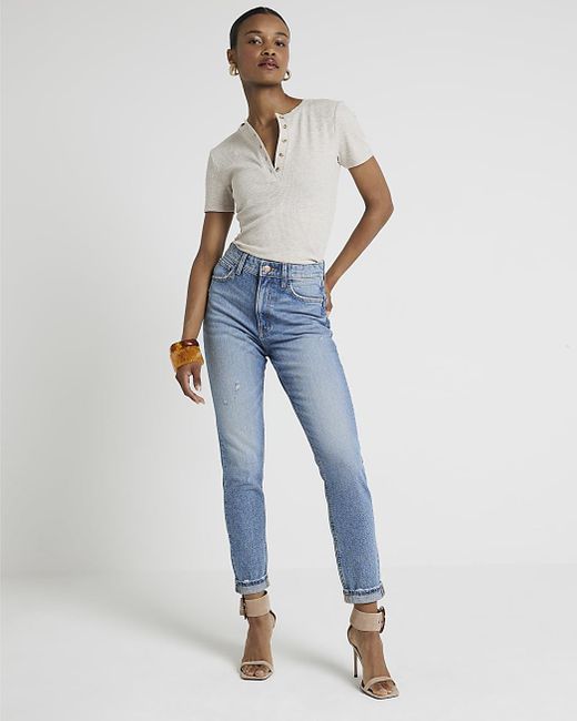River Island White Ribbed Button T-shirt