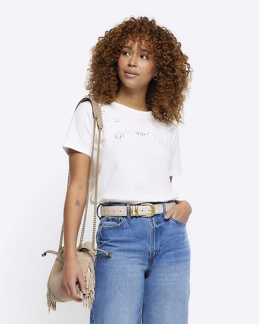 River Island White Lace Cut Out T-shirt