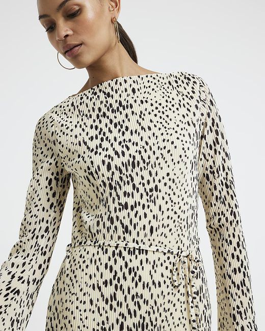 River Island White Beige Plisse Leopard Print Bodycon Midi Dress