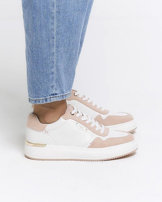 River Island White Pink Lace Up Trainers