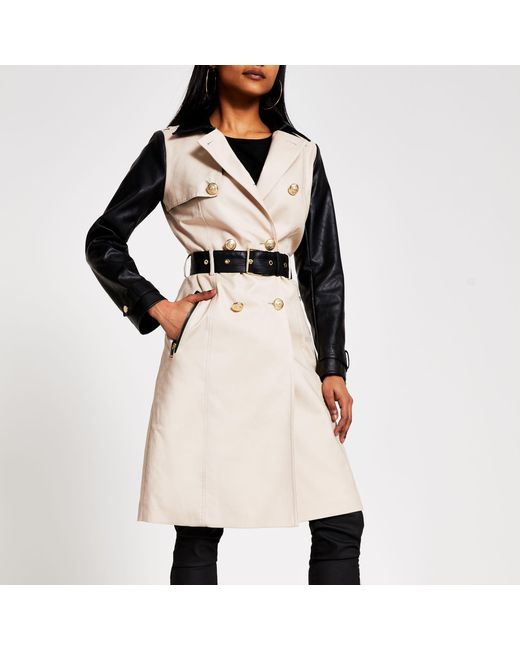 Petite Faux Leather Blocked Trench Coat 