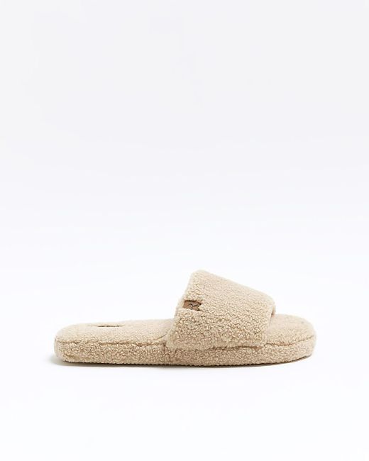 River Island Beige Shearling Slippers in White for Men | Lyst