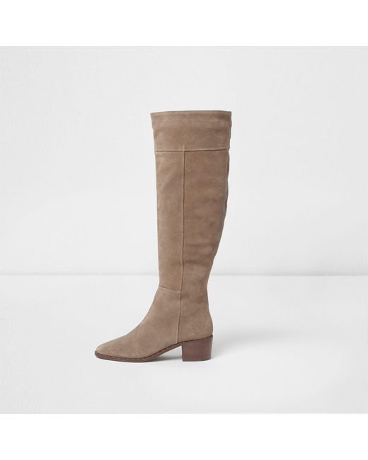 River Island Natural Beige Suede Studded Knee High Suede Boots