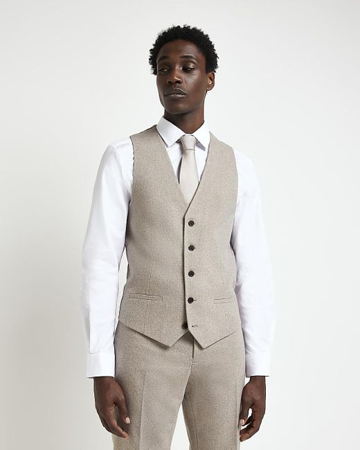 River Island Slim Fit Flannel Suit Waistcoat in Beige (Natural) for Men
