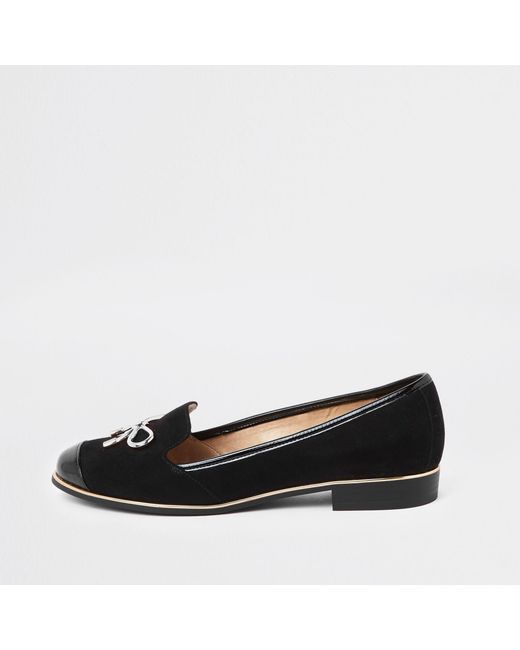 River Island Black Gold Tone Bow Loafers