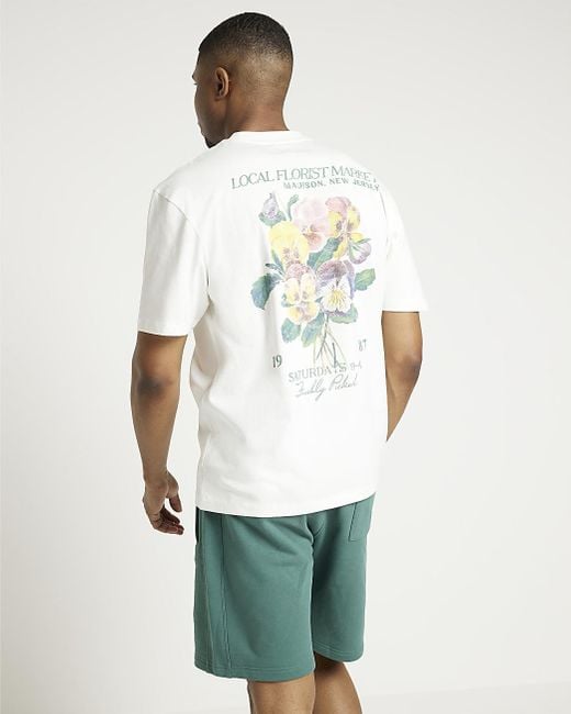 River Island White Beige Regular Fit Floral Graphic T-shirt for men