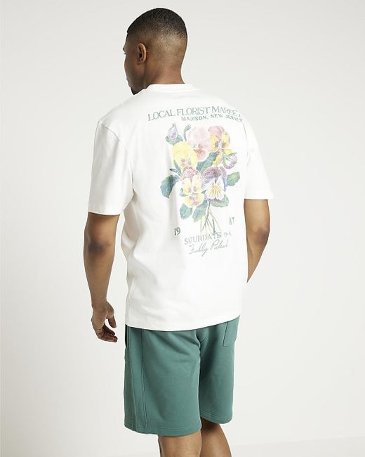 River Island White Ecru Regular Fit Floral Graphic T-shirt for men